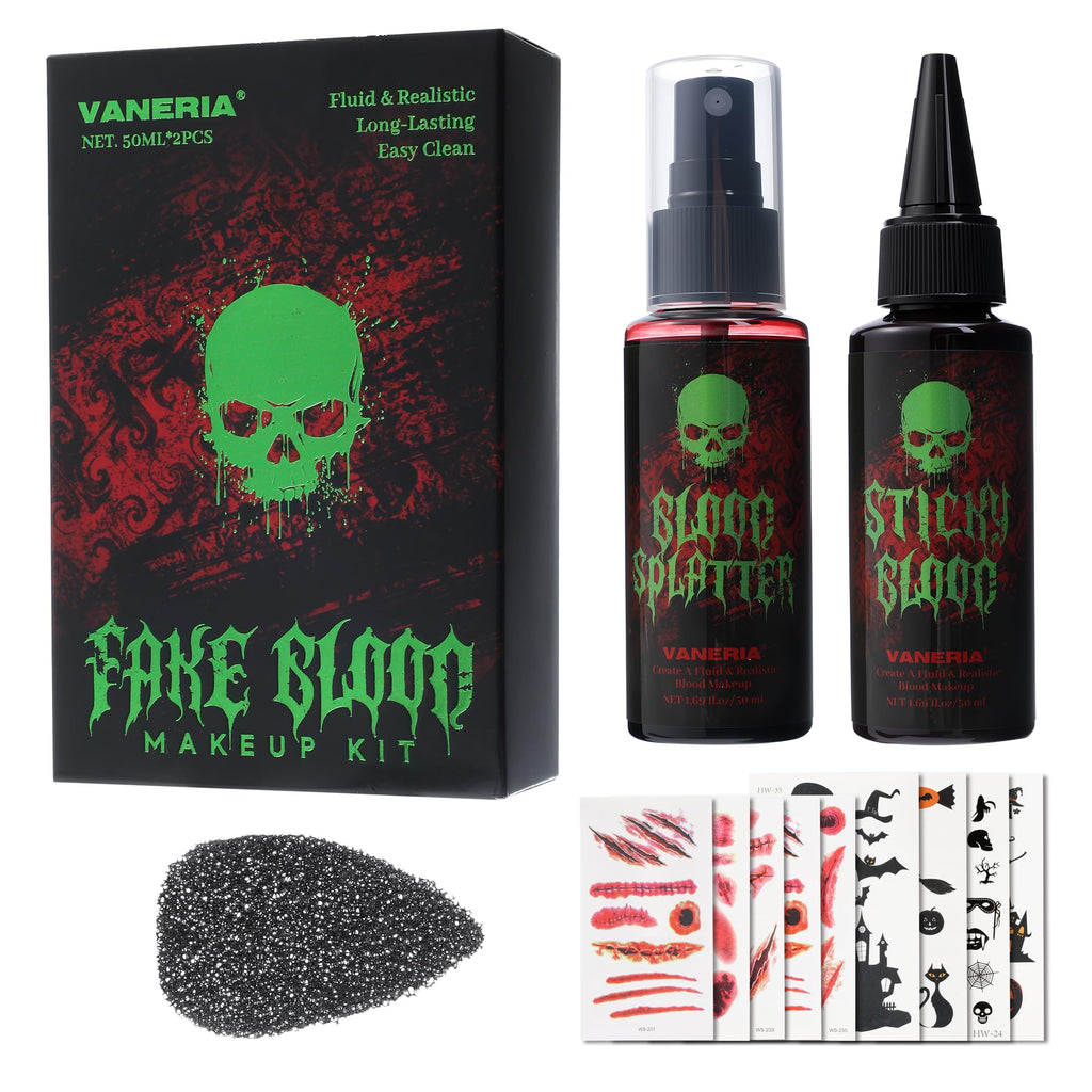 Vaneria Halloween Fake Blood Makeup Kit,Realistic Washable SFX Makeup with 50ml Blood Splatter, 50ml Sticky Blood, Sponge,4 Fake Scars & 4 Fluorescent Tattoo Stickers for Zombie, Vampire Cosplay