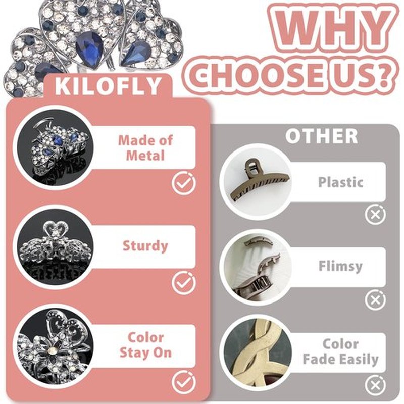 kilofly 3pc Vintage Crystal Hair Claw Clips Long Thick Hair Metal Clamps