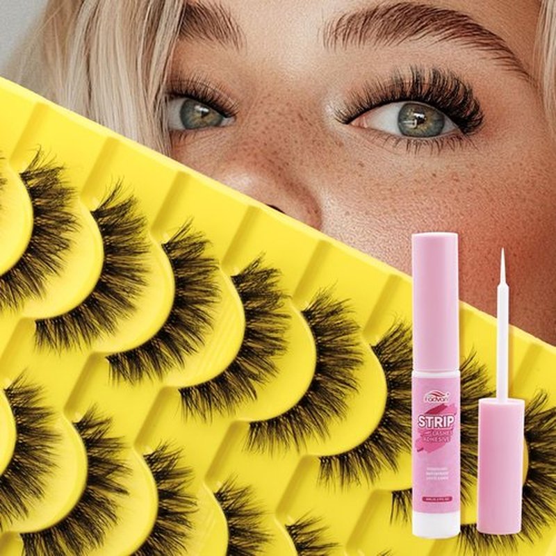 FADVAN Mink Lashes Natural Fluffy False Eyelashes 3D Volume Wispy Lashes Cateye Medium Length fake eyelashes with Clear Lash Glue Pestañas Postizas Naturales 10 Pairs-Lz201