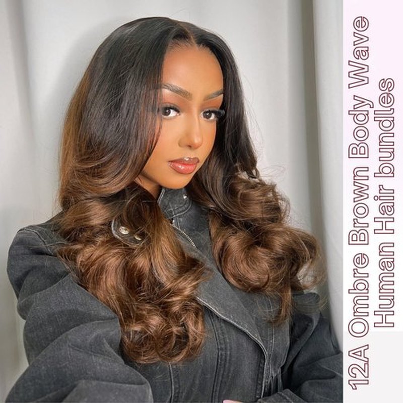 ANMETAN Ombre T1B/2/30 Body Wave Human Hair 3 Bundles with 4x4 Closure, 12A Chestnut Brown Bundles and HD Lace Closure Free Part (10/12/14+10 In) Real Remy Hair Wavy Thick 3 Tone Weave With Dark Roots