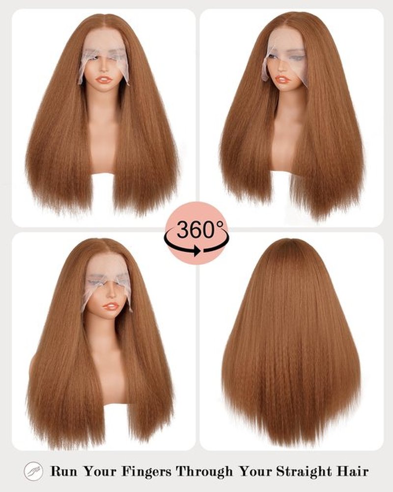 Cemuto Kinky Straight Lace Front Wigs Pre Plucked with Baby Hairs 180% Density Yaki Straight 13x6 Synthetic Transparent HD Glueless Lace Wig as Human Hair Auburn Brown 22 Inch