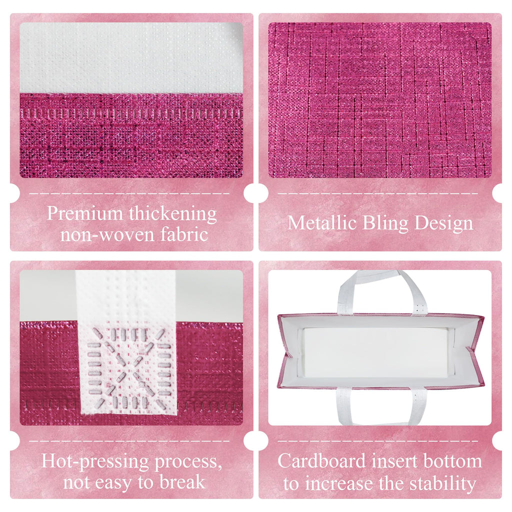 cabzymx 16 Pcs Pink Reusable Gift Bags, Metallic Bling Design Holiday Gift Bag with Handles & Bases, Non-woven Goodie Bag Bulk for Birthday, Wedding, Parties, Graduation- 12.6x4.7x11 In