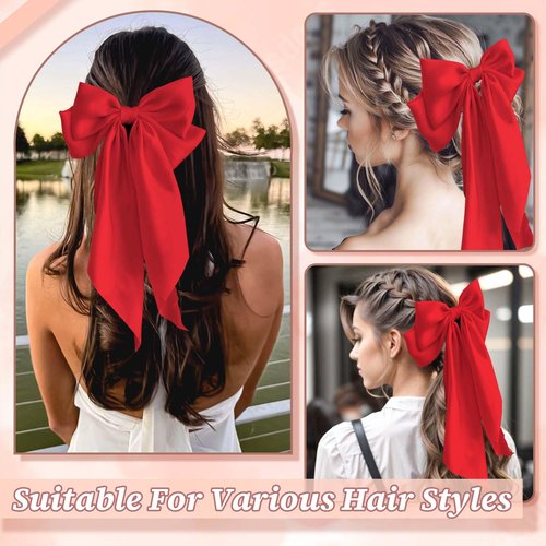 STGDAK Valentine's Day Hair Bows Classic Bow Clips Red Ribbon Bow Barrettes Large Bowknot Clip Satin Bowknot French Barrette Long Tail Cute Valentines Day Hair Accessories For Girls Women Teens
