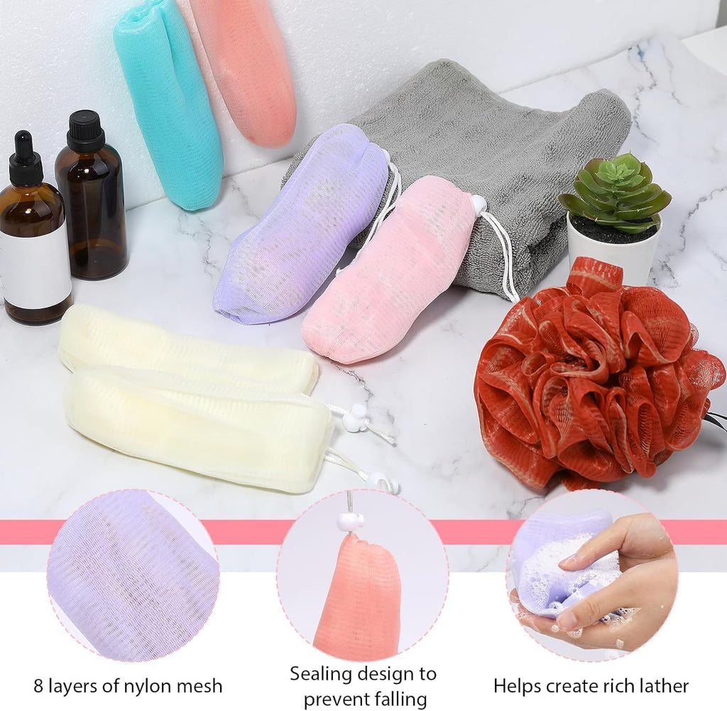 SelHeng 12Pcs Random Color Exfoliating Mesh Soap Pouch Bubble Foam Net Bag for Body Facial Cleaning Tool,for Shower Saver Pouch Drawstring Foaming Net Soap Bag Used Repeatedly Easy to Store Cleansers