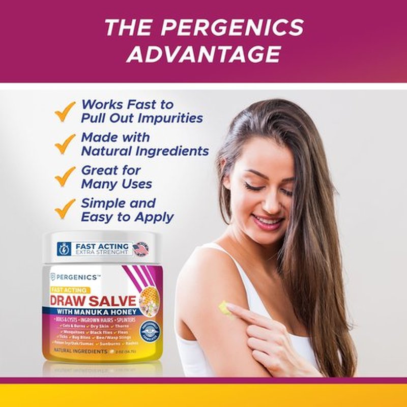 Pergenics Manuka Honey Draw Salve Ointment for Skin Soothing, Boil & Cyst, Ingrown Hair, Splinter Remover, Bug Spider Bites, Bee Sting, Mosquito Itching, Poison Ivy, Minor Cuts, Burns, 2 Oz