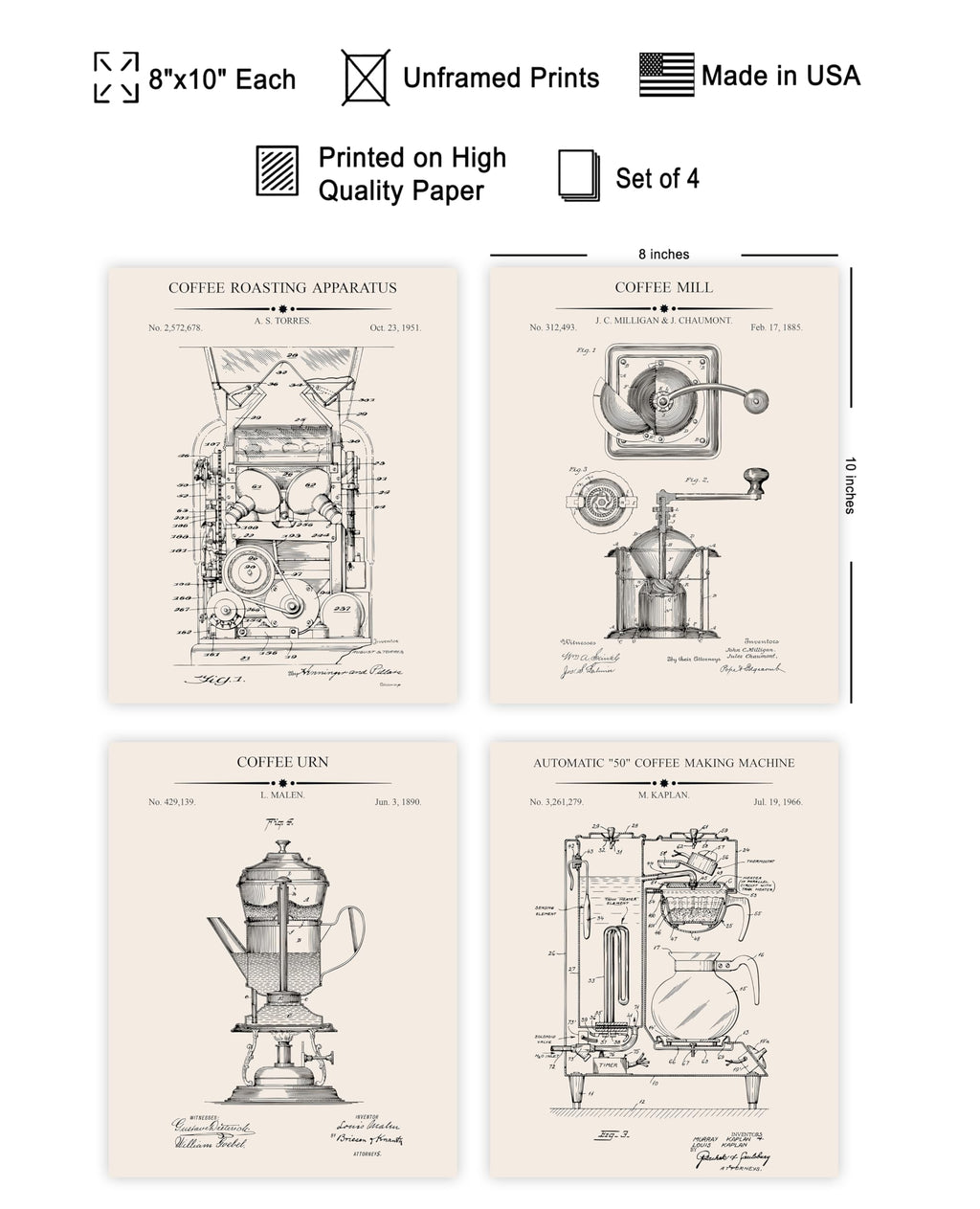 Monem Art 4-Piece Coffee Blueprint Poster - Roaster Patent Print - Coffee Mill Making Machine & Pot Art - Cafe Wall Decor - 8x10 UNFRAMED Wall Art