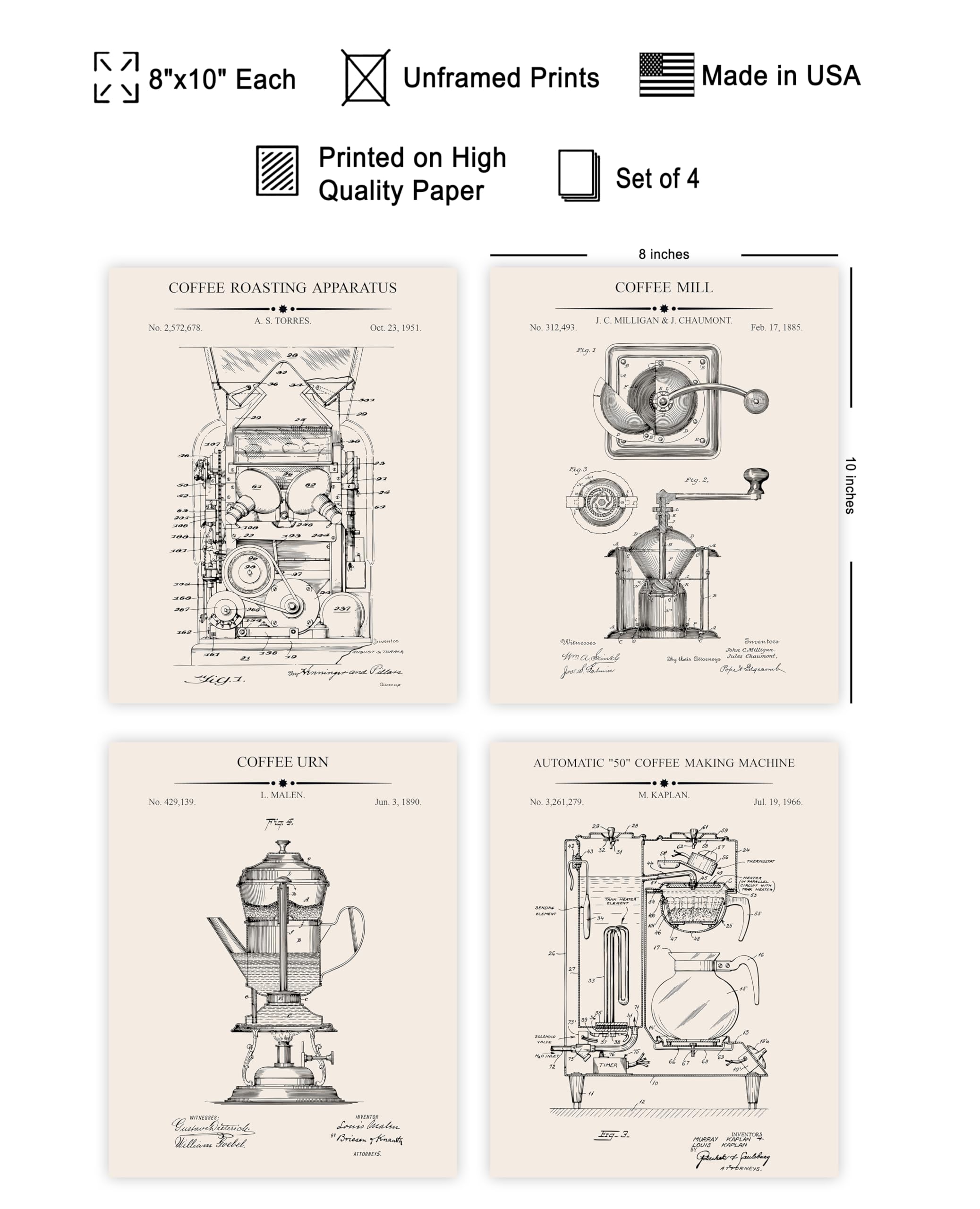 Monem Art 4-Piece Coffee Blueprint Poster - Roaster Patent Print - Coffee Mill Making Machine & Pot Art - Cafe Wall Decor - 8x10 UNFRAMED Wall Art