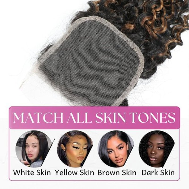 Anmetan Water Wave Ombre Human Hair 4x4 Closure 18 In, 12A F1B30 Black and Brown Honey Blonde Highlight Color Wet and Wavy Free Part Hairline 4x4 Lace Closure 100% Remy Pre Plucked with Baby Hair