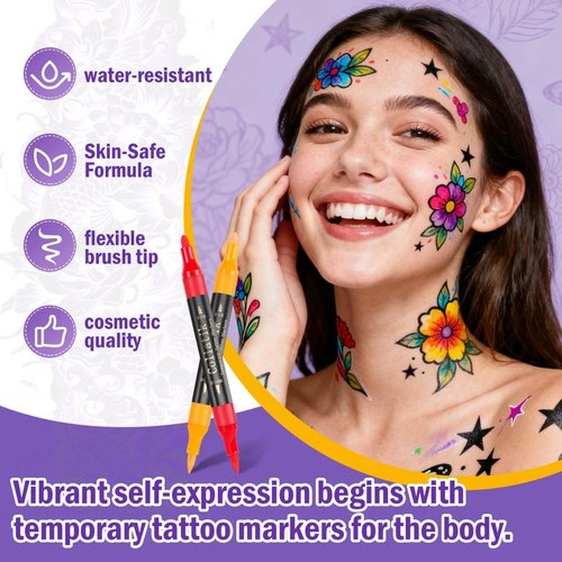Coliatik Temporary Tattoo Markers for Skin – Dual-End 16 Colors + 80 Stencils Kit, Skin-Safe Washable Cosmetic-Grade Body Art Pens for Kids & Adults