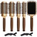 Round Brush Set for Blow Drying- 5 in 1 Round Brush & Paddle Brush Kit with Section Clips - Nano Ceramic Ionic Barrel - Styling, Curling, Smoothing for All Hair Types