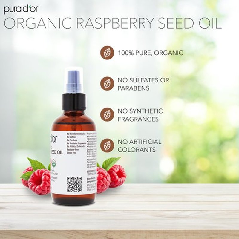 PURA D'OR 3.38 Oz ORGANIC Raspberry Seed Oil - 100% Pure USDA Certified, Cold Pressed Unrefined, Hexane-Free, Premium Grade - Sun Protection For Skin, Body & Hair
