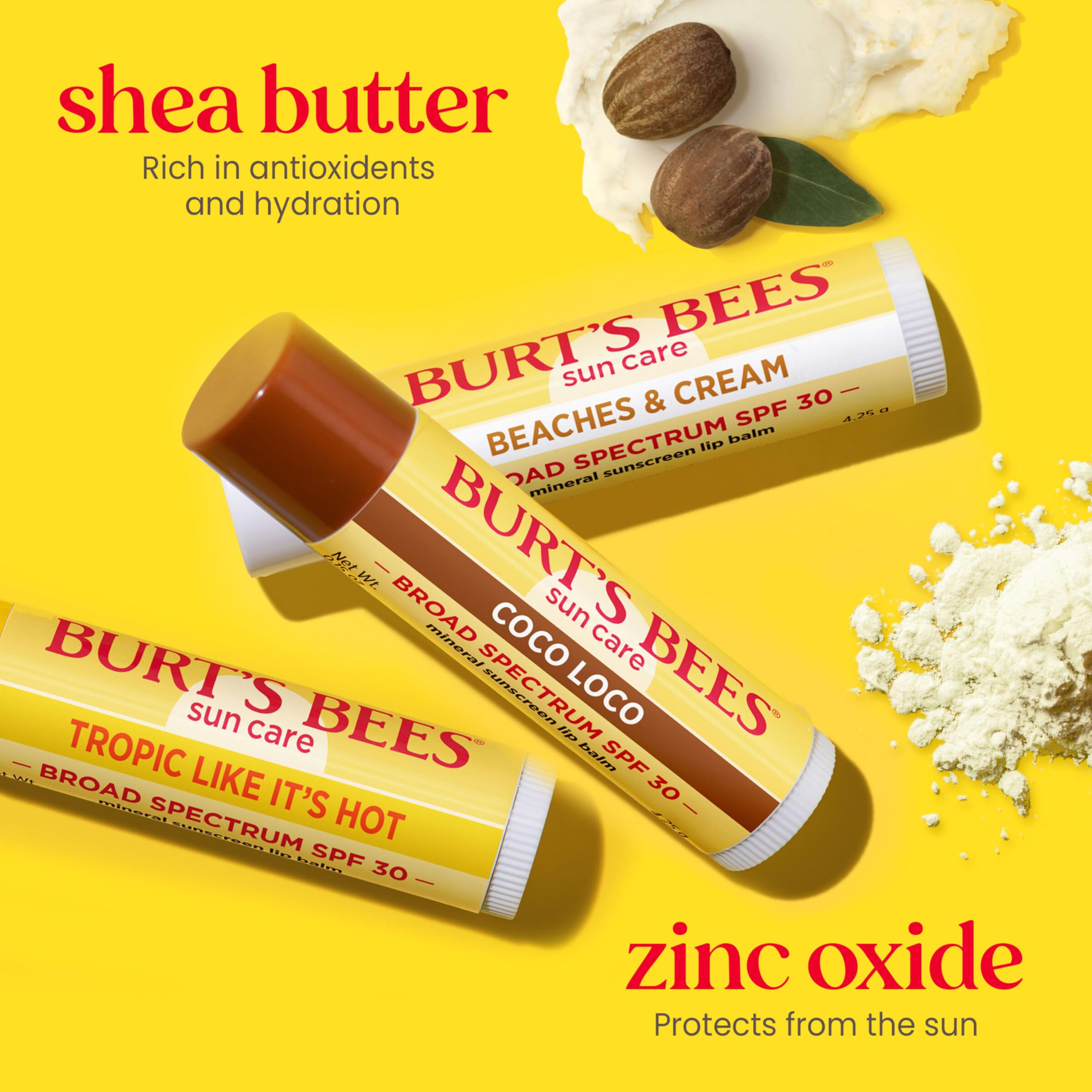 Burts Bees SPF 30 Lip Balm, Beaches and Cream, Water-Resistant Sun Care, Nano-Free Zinc Oxide Formula, Natural Origin Conditioning Lip Treatment, 0.15 oz., Three Tubes