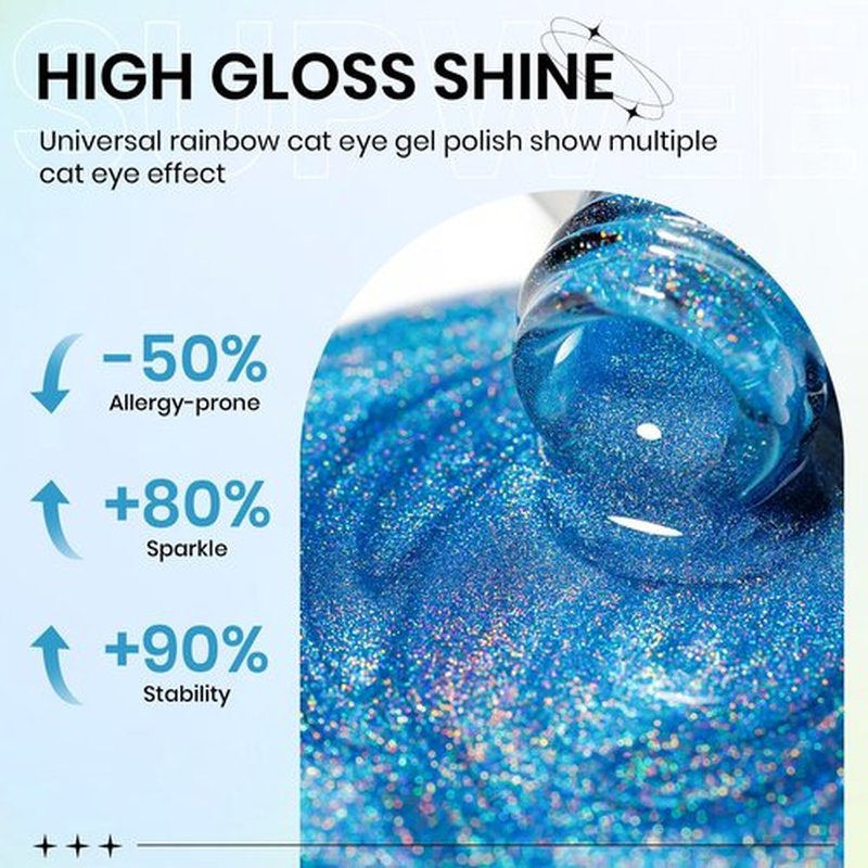 SUPWEE Blue Holographic Gel Nail Polish with Magnetic Rainbow Cat Eye Gel Nail Polish Cateye Glitter Nails Polishes Gels Iridescent Effect for Home DIY Women Girls