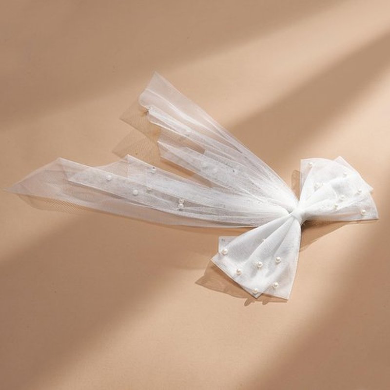 SWEETV Bridal Hair Bow Veil White Bow Clip Bachelorette Party Decorations Pearl Accessories Bride to Be Bridal Shower Gift