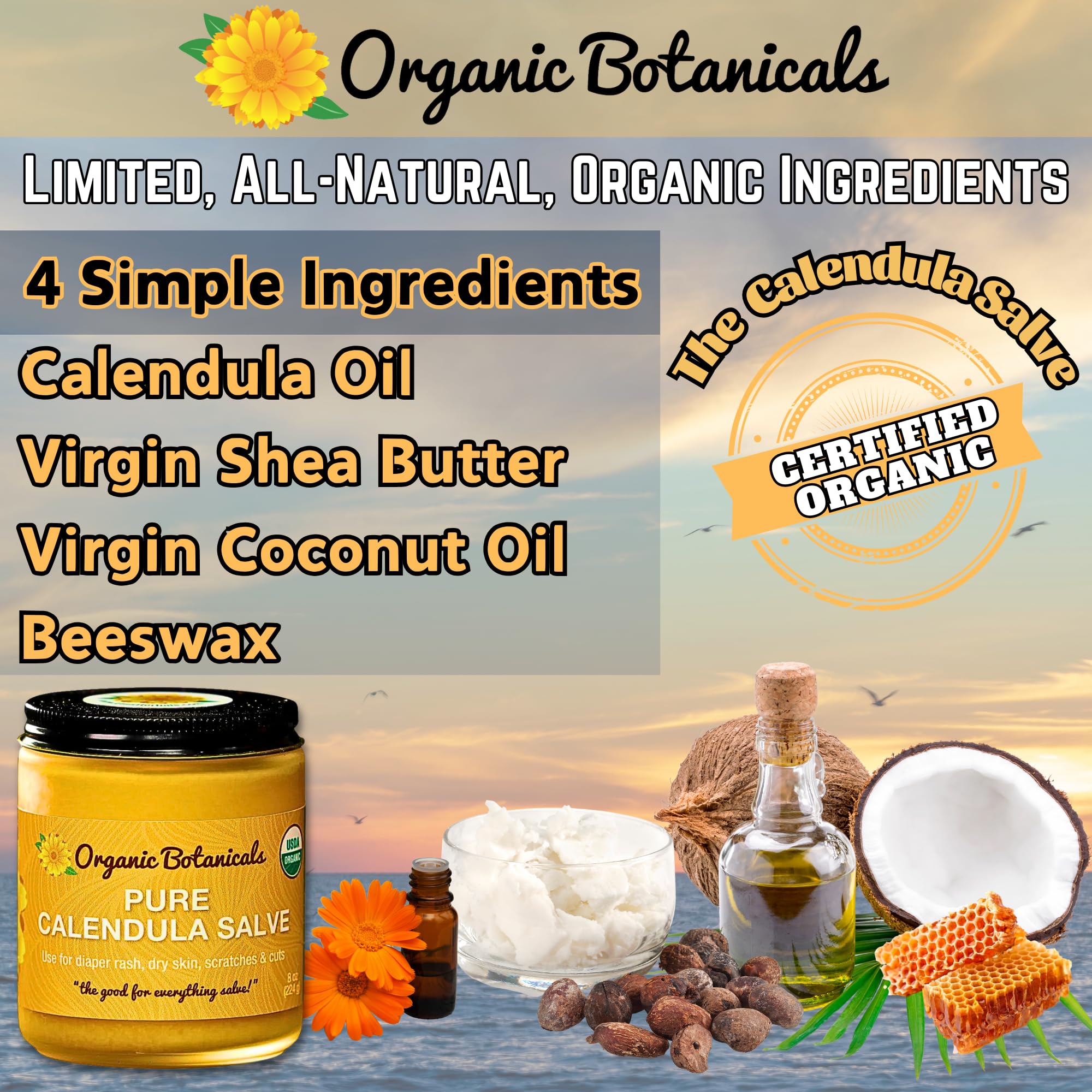 Organic Botanicals Pure Organic Calendula Salve Healing Balm - Calendula Cream Healing Hand Salve Ointment from Local Organic Calendula Flowers, Calendula Gel Eczema Ointment, Certified Organic 4 Oz