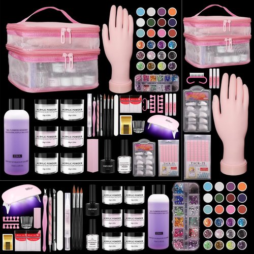 Acrylic Nail Kit for Beginners with Everything - Practice Hand for Acrylic Nails - 6PCS Nail Powder Liquid Set with UV Lamp - Professional Manicure Set in Pink Bag for Starter Home Salon (Pink-1)