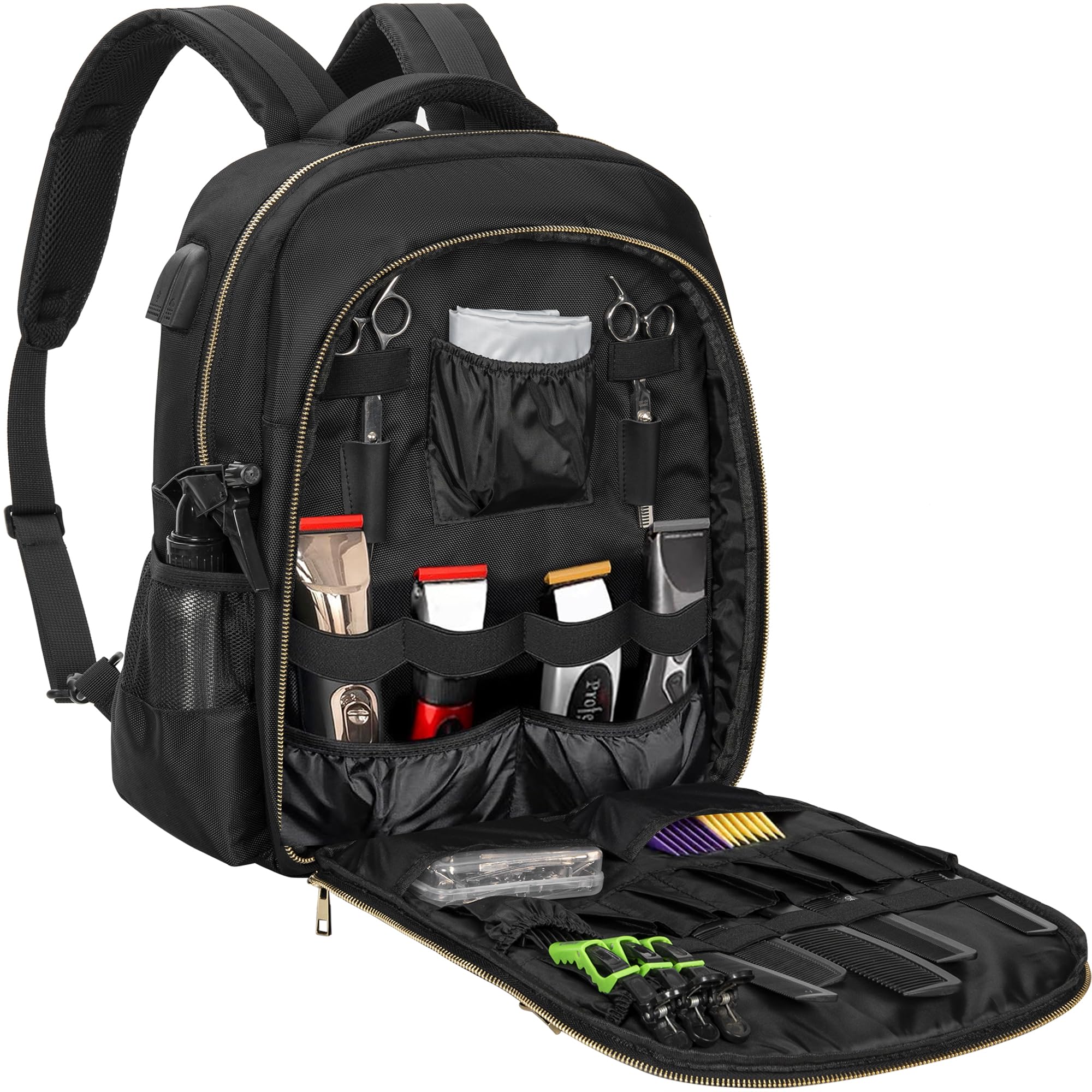 TORIBIO Barber Supplies Bag for Clippers and Supplies, Hairstylist Clipper Portable Backpack for Barber Tools with USB Port (Black + Gold)