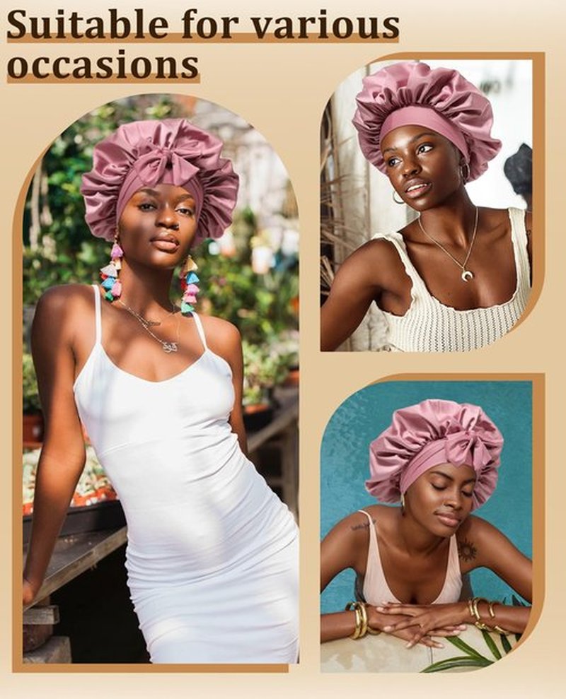 Extra Large Satin Bonnet for Sleeping Jumbo Silk Bonnet Double Layer Hair Bonnet for Women with Elastic Tie Band Sleep Wrap for Braids Curly Hair(Bean Paste + Pink)