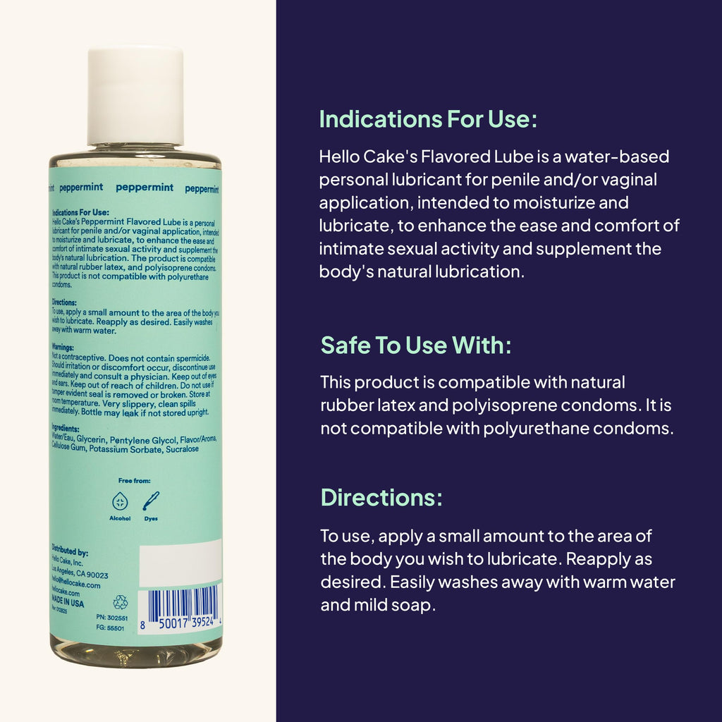 Hello Cake Peppermint Flavored Lube - Water-Based Personal Lubricant - Vegan, Sugar-Free, Gluten-Free - Easy Clean-Up - for Men, Women, and Couples, 8 fl oz