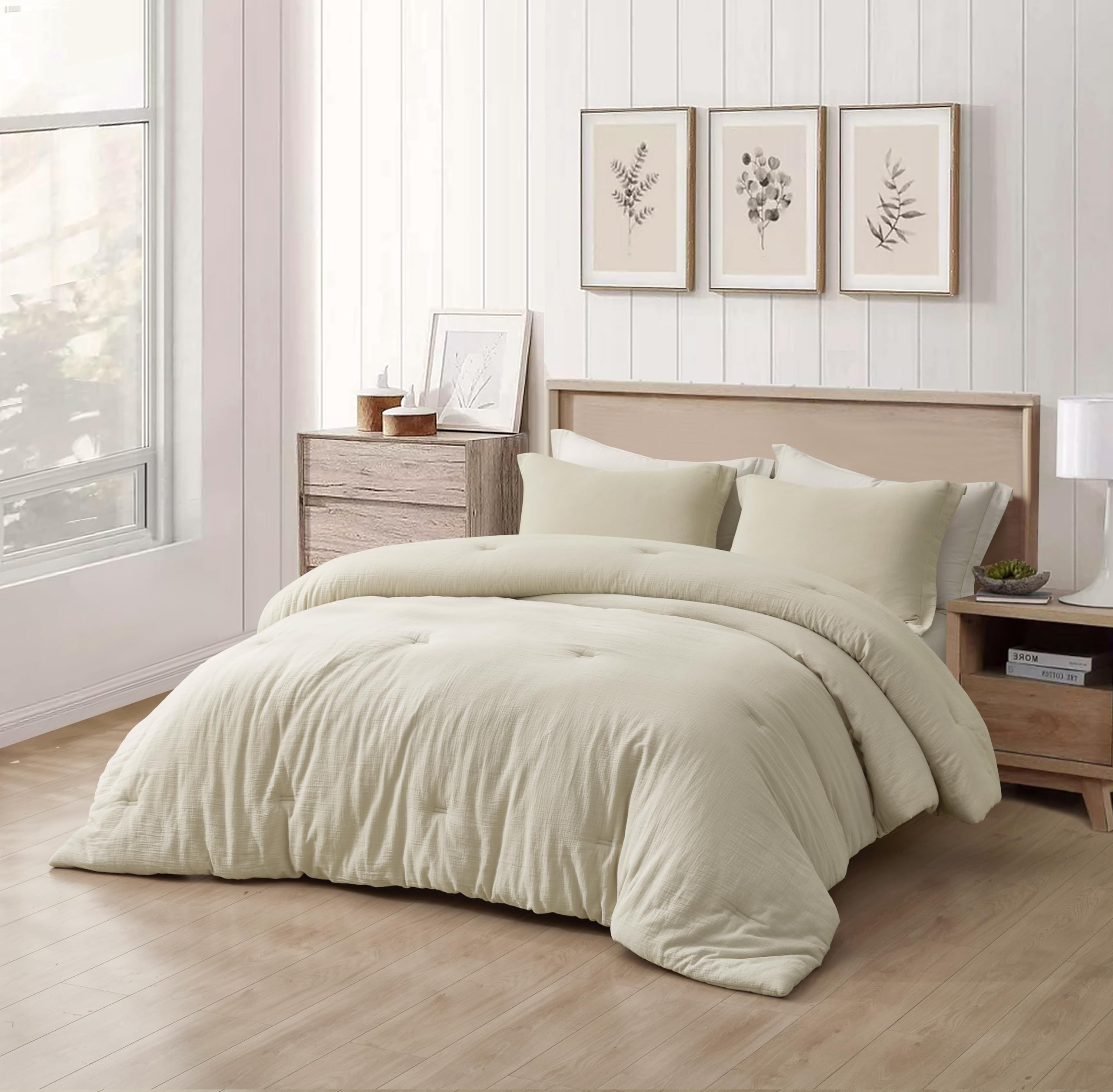 Chezmoi Collection Breeze 3-Piece 100% Cotton Muslin Oversized King Comforter Set, Natural Color Soft Washed Cotton Gauze Comforter, Lightweight Breathable Reversible 240GSM Fill Summer Bedding