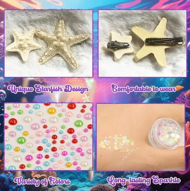 Mermaid Costume Accessories Women - 4PCS Starfish Hair Clip, Mermaid Face Glitter and Pearl Stickers, Halloween Hair Clips for Princess Outfit Cosplay