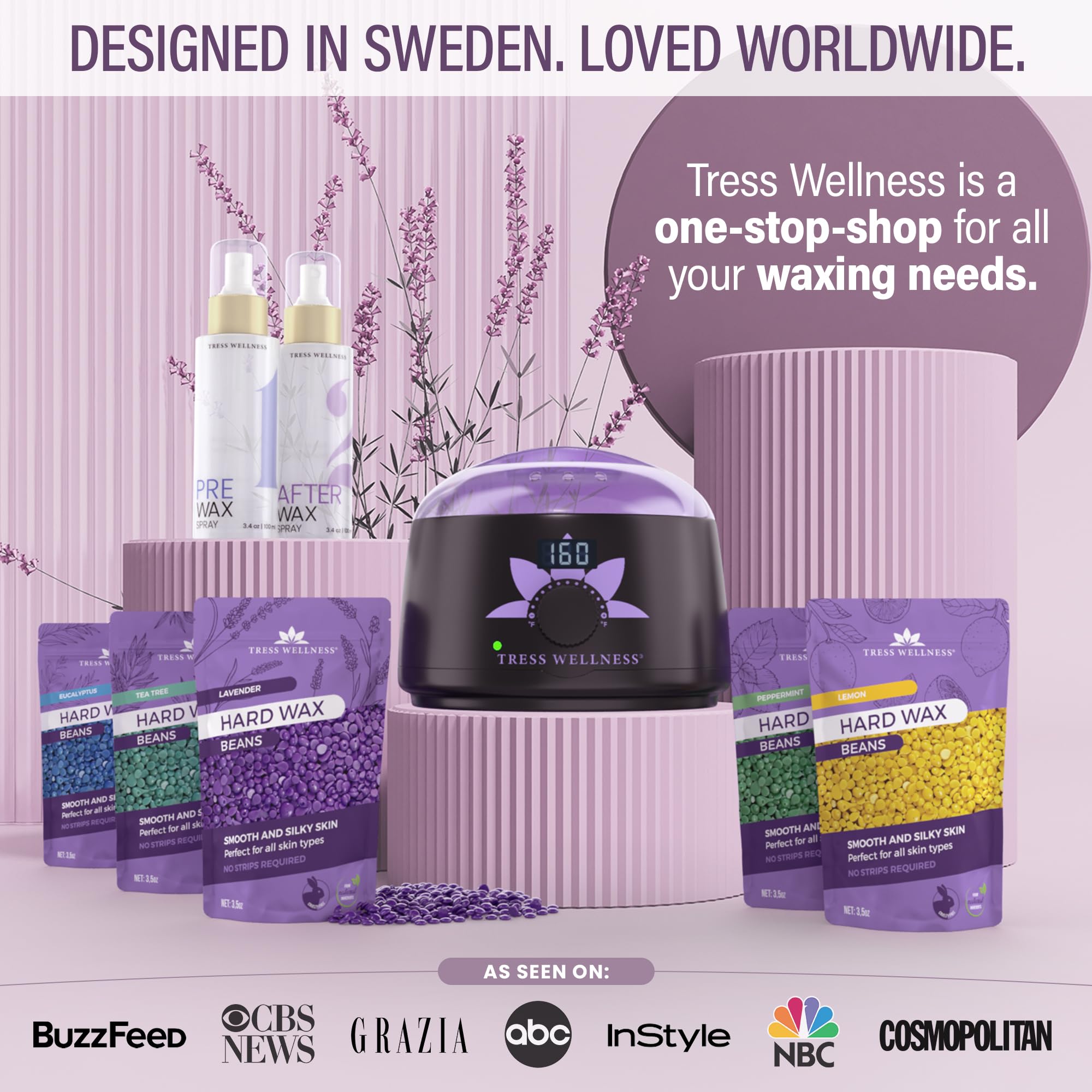 Tress Wellness Award Winning Waxing Kit for Sensitive Skin – Safe for Face & Skin, Easy to Use – At-Home Kit for Face, Bikini, Brazilian & Full Body - Digital Display, Misty Lilac