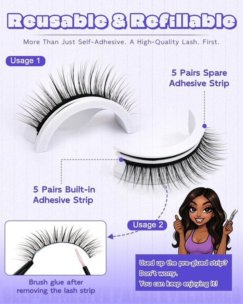 Self Adhesive Eyelashes Glueless Lashes - Natural Look 7-10mm No Glue Eyelashes Strip Waterproof All-Day Hold Press On Lashes Glueless Reusable Lash Strips Kit With Tweezer for Makeup by LZM (08)