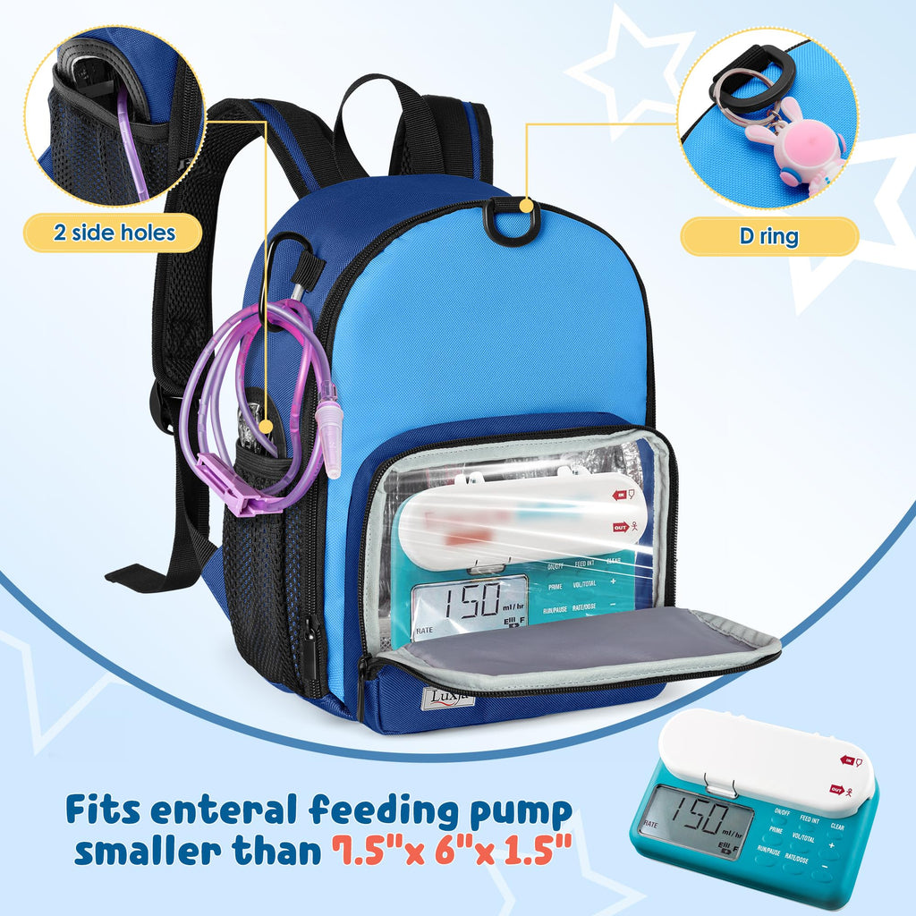 LUXJA Feeding Tube Backpack Fits 500ml Bag and Enteral Feeding Pump (Compatible with EnteraLite Infinity and Kangaroo Joey), Feeding Tube Bag for G Tube, J Tube and GJ Tube, Blue