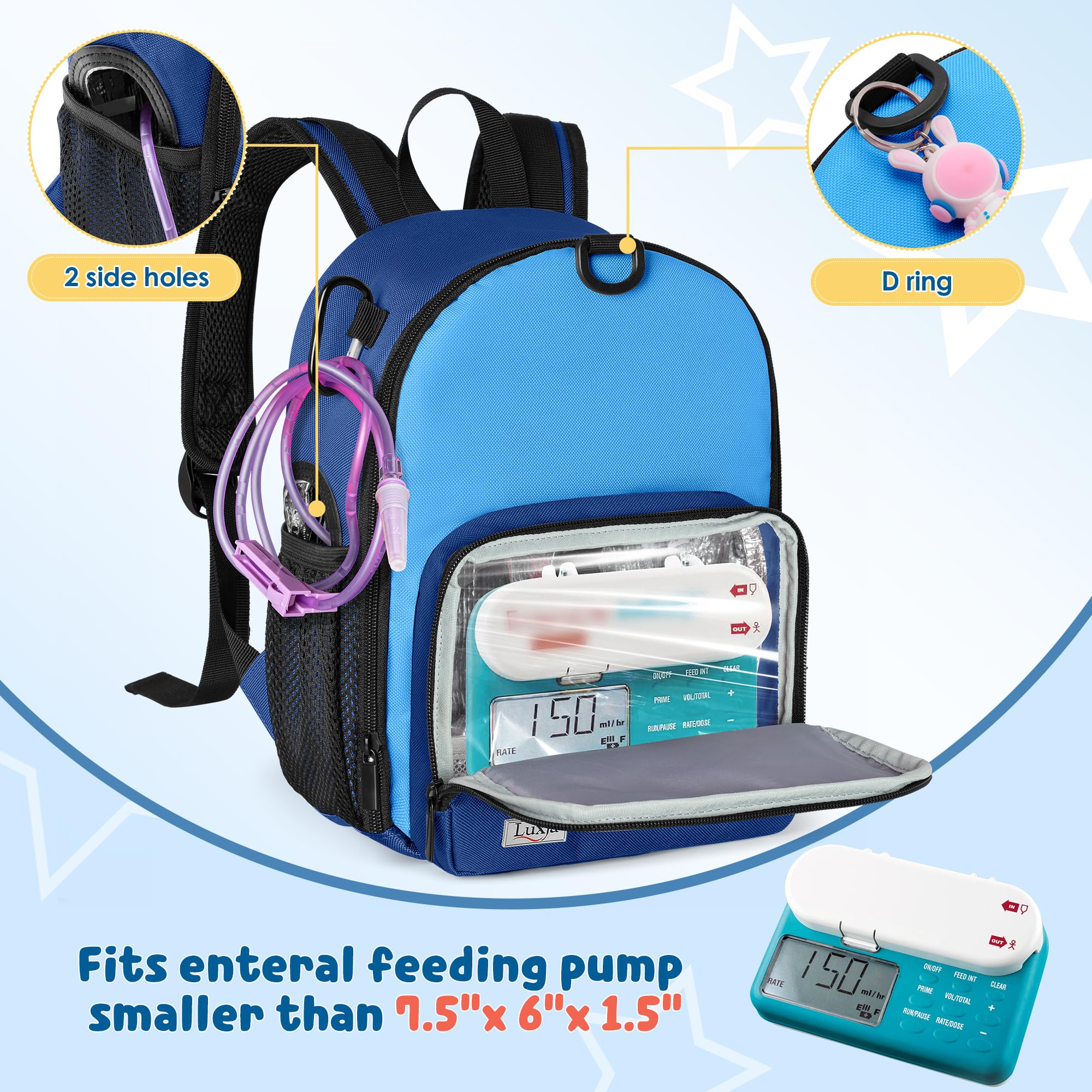 LUXJA Feeding Tube Backpack Fits 500ml Bag and Enteral Feeding Pump (Compatible with EnteraLite Infinity and Kangaroo Joey), Feeding Tube Bag for G Tube, J Tube and GJ Tube, Blue