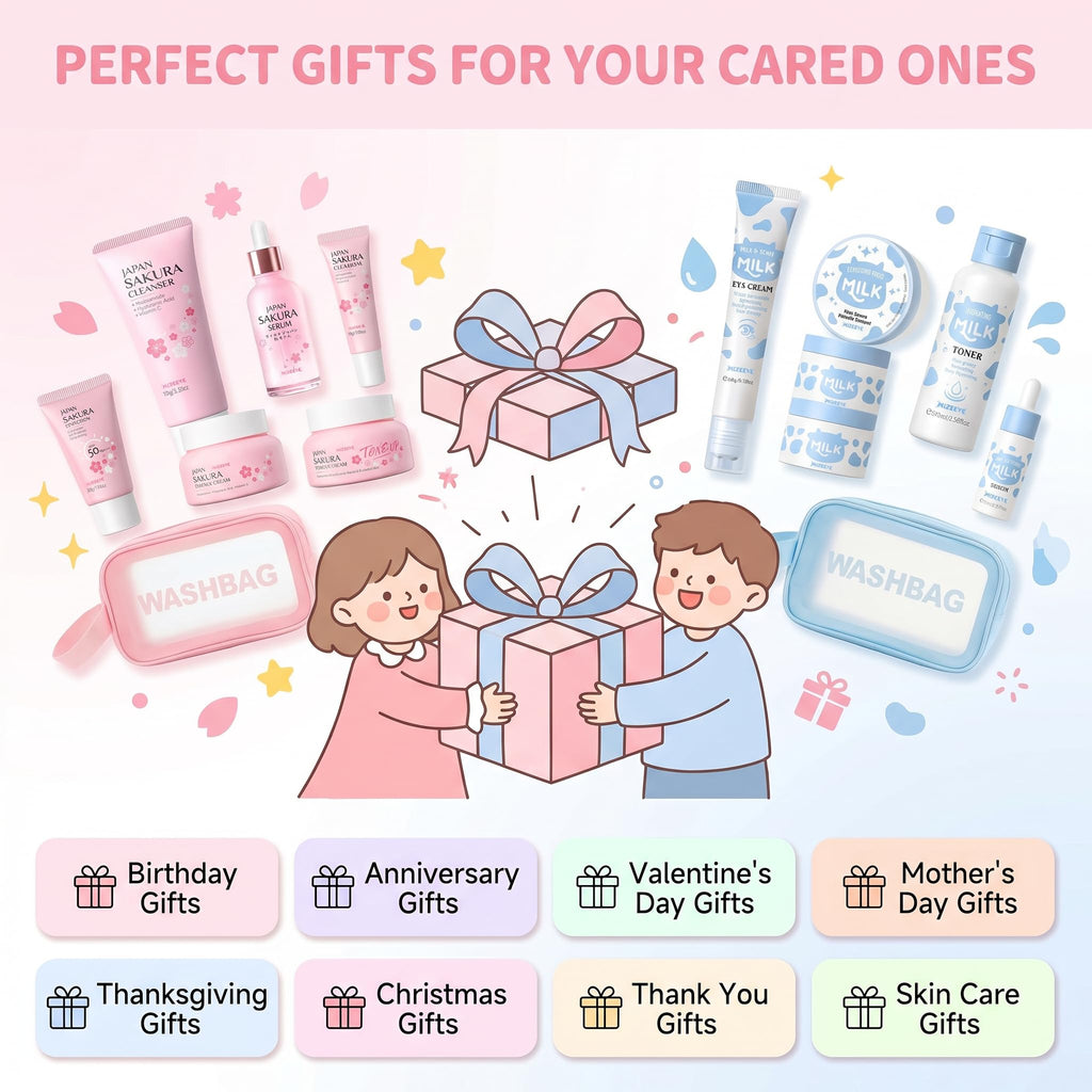 Sakura & Milk Skincare Set for Teens & Kids, 15 PCS Complete Day & Night Face Routine Kit for Girls & Office Worker, Hydrating, Shrink Pores, Perfect Gift Set for Self Care, Birthday, Party