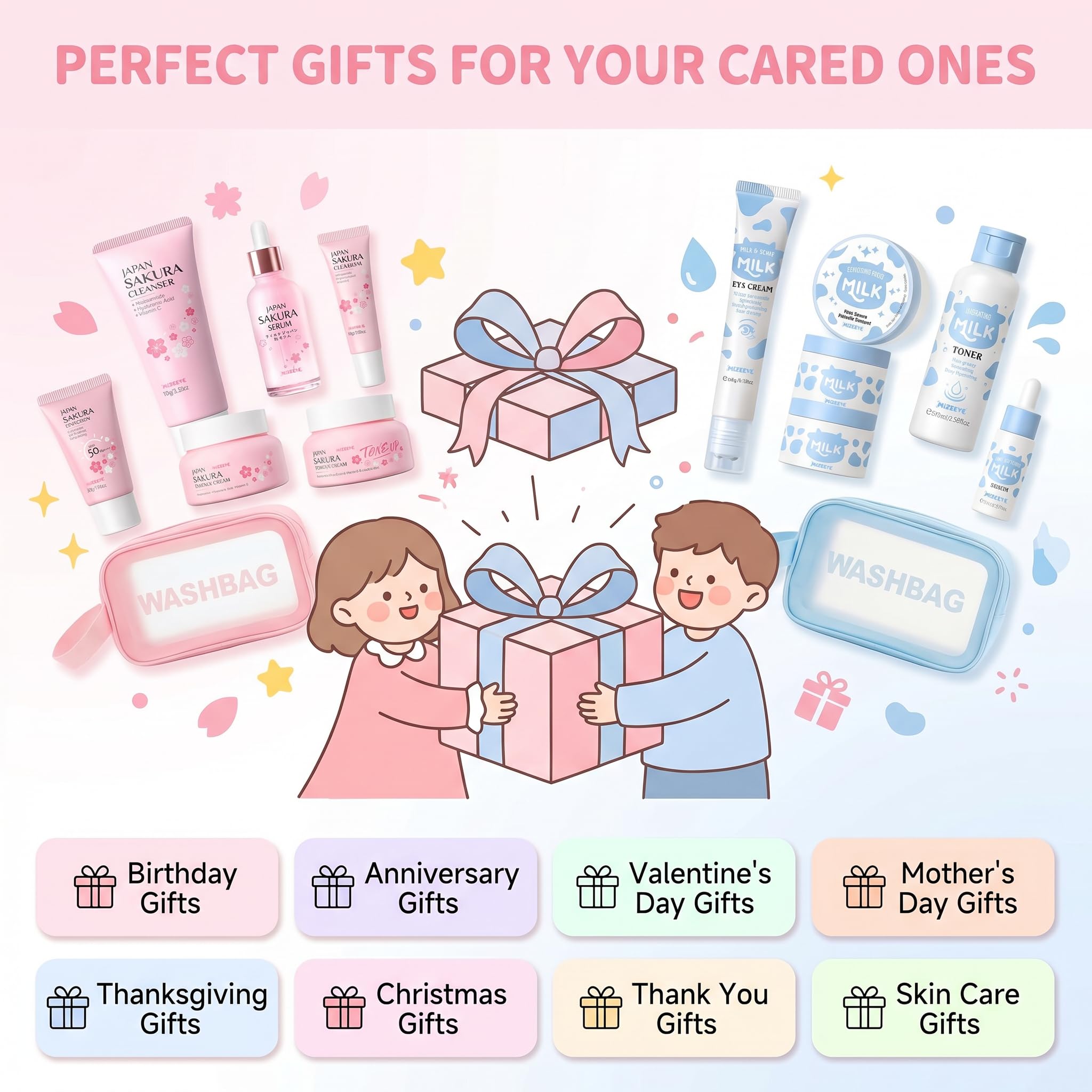 Sakura & Milk Skincare Set for Teens & Kids, 15 PCS Complete Day & Night Face Routine Kit for Girls & Office Worker, Hydrating, Shrink Pores, Perfect Gift Set for Self Care, Birthday, Party
