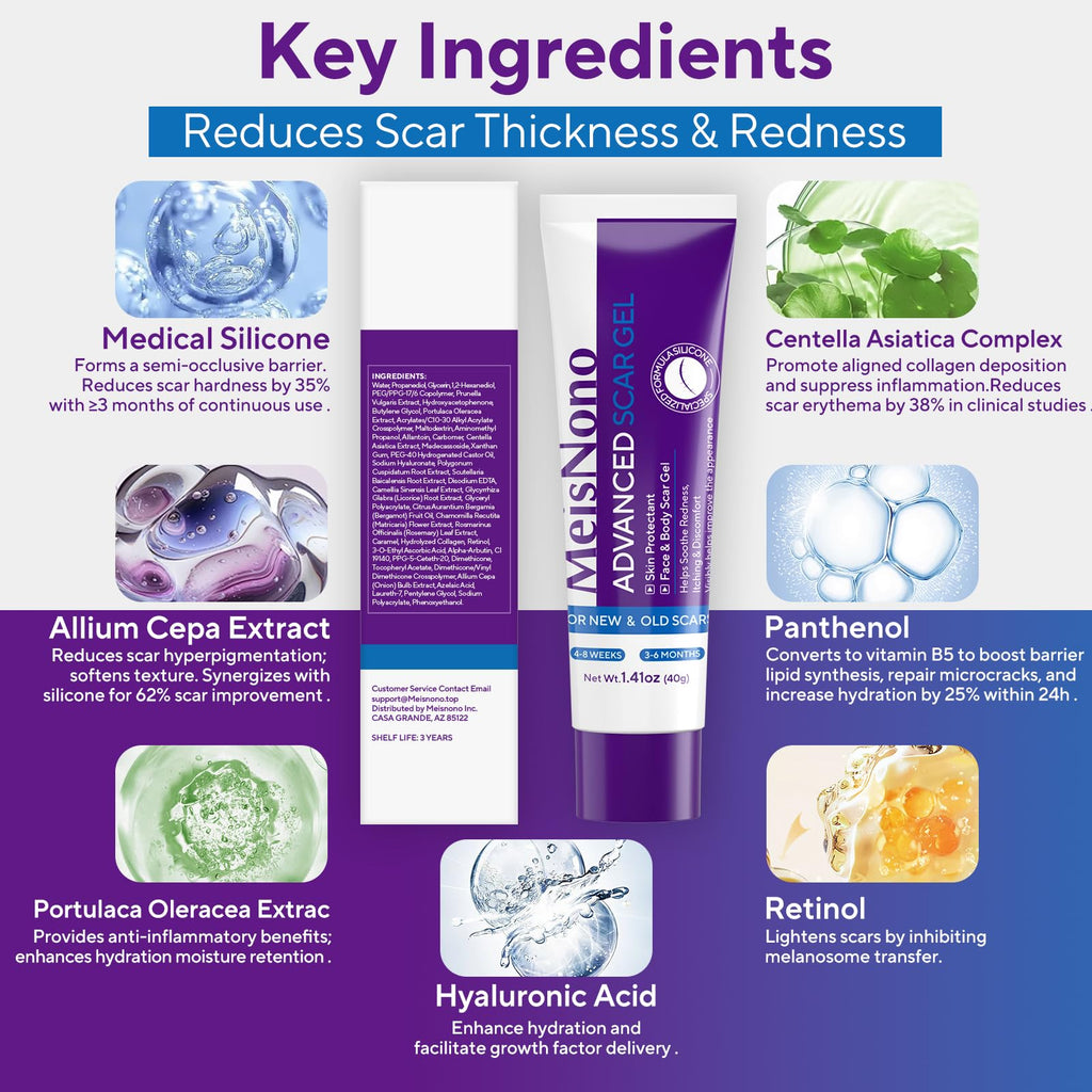 MeisNono Advanced Scar Gel - Silicone Scar Gel - Scar Cream for Scars, C-Section, Stretch Marks, Acne, Burns, Keloids, Old & New Scars - 1.41oz