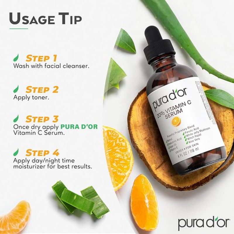 PURA D'OR 20% Vitamin C Facial Serum - Antioxidant Blend with Retinol & Hyaluronic Acid, 4 Oz | Hydrating Skincare for Daily Use