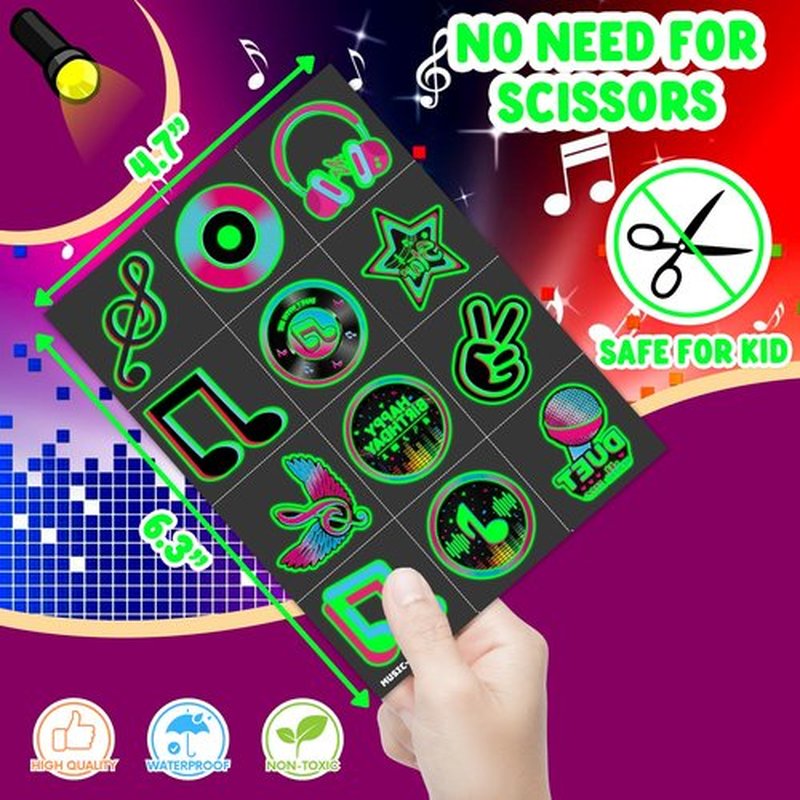 96PCS Music Note Notes Musical Pre-Cut Luminous Glow in the dark Temporary Tattoos for Kids Birthday Themed Party Supplies Decorations Favors Super Cute Instrument Tattoo Stickers Gifts for Girls Boys