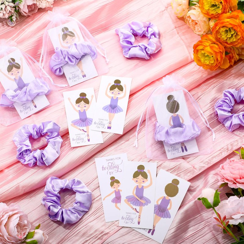 Yinkin 30 Sets Ballerina Party Favors for Girls Hair Scrunchies with Thanks Twirling Cards for Dance School Classroom Ballet Recital Gifts(Purple)