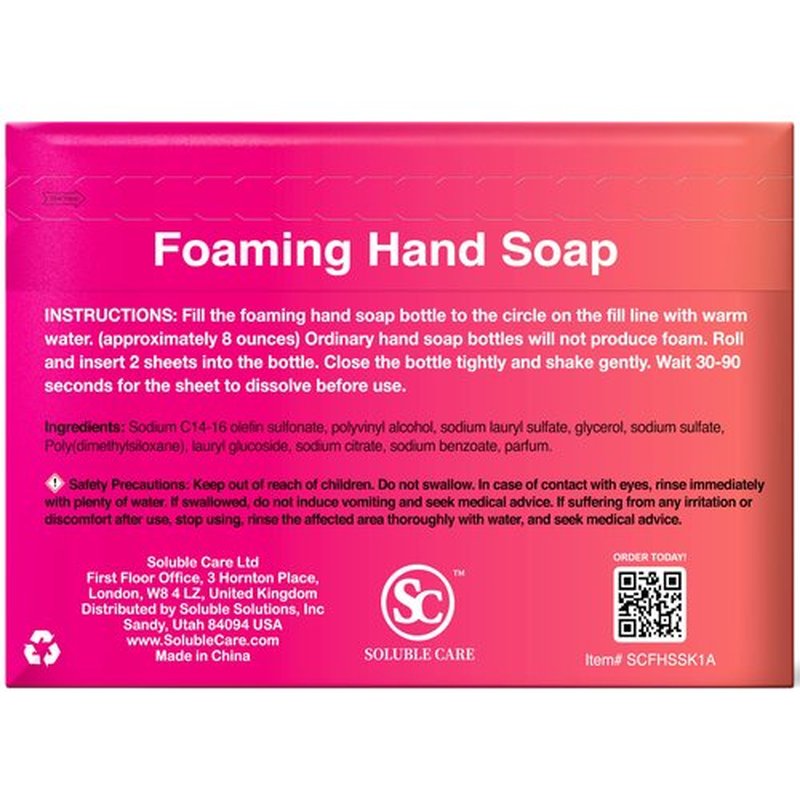 Soluble Care: Foaming Hand Soap Dissolvable Sheet Starter Kit | Includes 8 oz. Foaming Dispenser & 4 Full Bottle Refills - Sustainable, Earth-Friendly Cleaning Solution - Coconut Scent