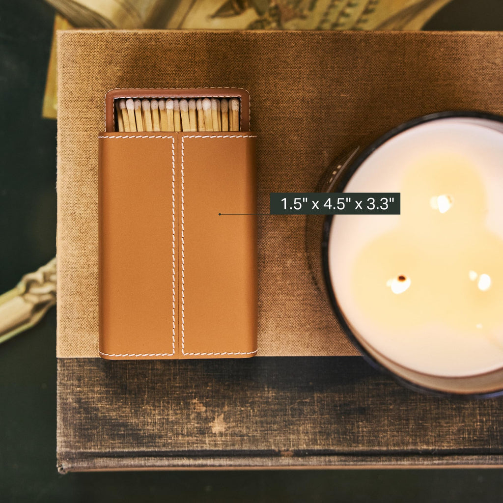 Preston Lane Mayfair Handmade Leather Matchstriker – Decorative Matchbox Holder with Built-In Striker, Stylish Coffee Table & Mantle Accent, Saddle