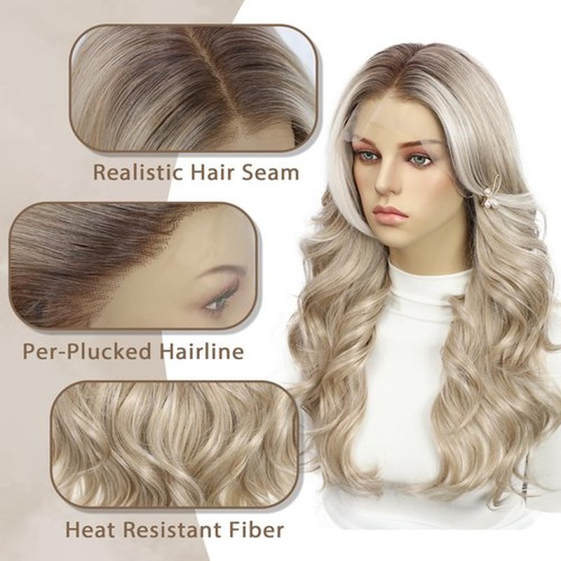 BABEHERS Blonde Lace Front Wig 13x4 Pre Plucked Synthetic Wig for Women Omber Layered Wig with Dark Roots Natural Looking Body Wave Cosplay Daily Party Use, 22 Inch