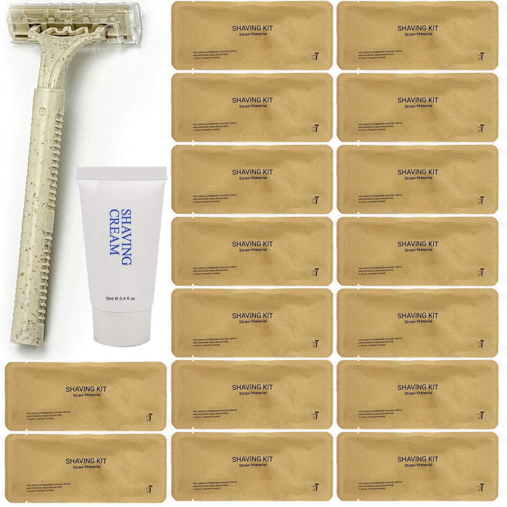 Disposable Shave Kit for Men &Women - Wheat Straw Razors and Cream Bulk, Individually Wrapped Portable Toiletries Amenities for Hotel, Airbnb, Homeless, Shelter, Charity, Camping and Travel