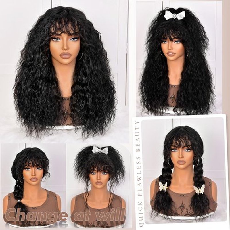 Annivia Curly Wig human hair for Black Women 200 Density Long Curly Wig with Bangs 100% Human Hair Black wigs for Daily 22Inch