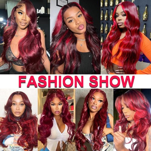 GUIGUZIN 13x6 99J Burgundy Red Lace Front Wigs Human Hair Burgundy Red Highlight Wig Human Hair Pre Plucked 200% Density Body Wave 99J Human Hair Wig Glueless Colored Wigs for Women 22 Inch