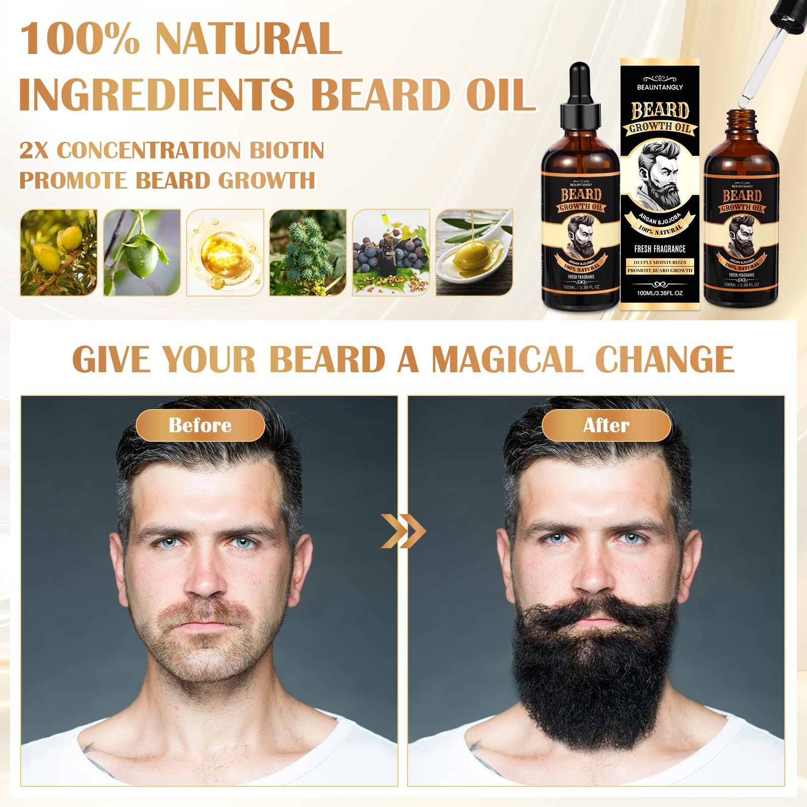 2 PACK Beard Growth Oil for Men, 100% Natural Beard Oil with Argan Oil, Jojoba Oil, Castor Oil - 6.76 FL/200ML Fresh Fragrance Beard Conditioner Softens, Nourishes,Strengthens, Promotes Beard Growth