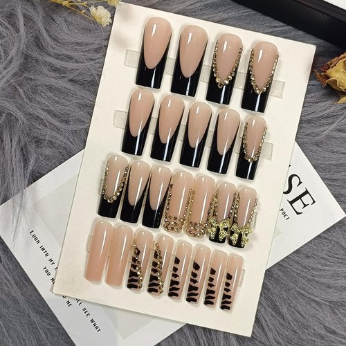 TENPAL Long Square Press On Nails,Shimmery French Tip Designs Gold Black Fake Nails,Full Rhinestone/Zebra Striped Edges/Alloy Bow False Nail Tips,24pcs Reusable Artificial Nails Kits,Sweet Y2k Nails