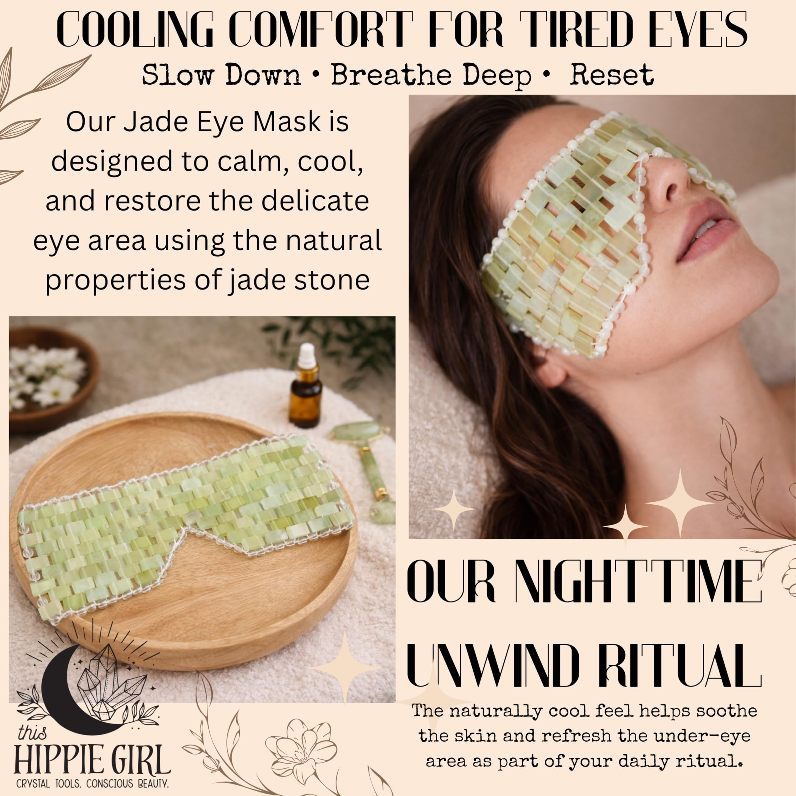Boho Aromatic Lunar Jade Eye Mask Cooling Crystal Eye Mask for Puffiness & Dark Circles | Natural Jade Stone Eye Therapy | Spa Facial Relaxation | Reusable Self Care Beauty Tool