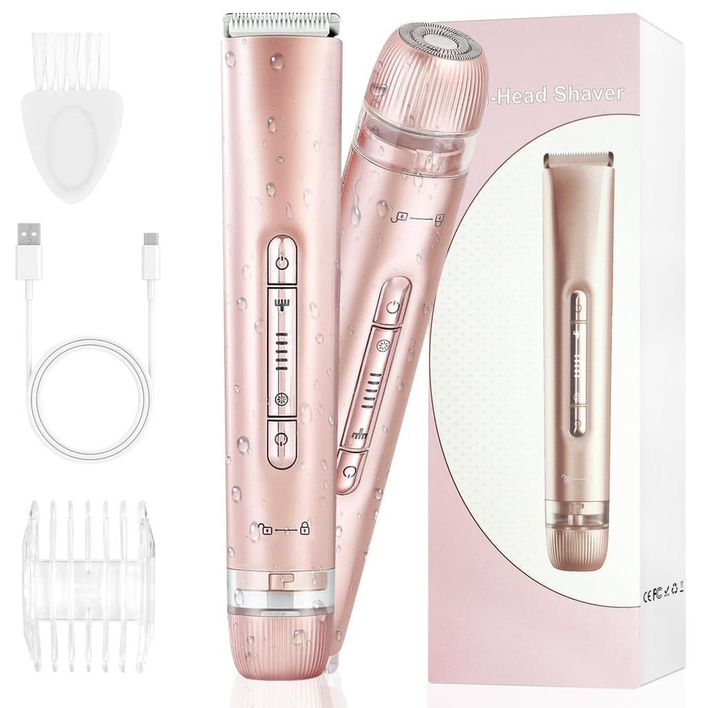 Floranurture 2 in 1 Women Electric Shaver Dual Head Bikini Trimmer for Women IPX7 Waterproof Wet & Dry Use Body Hair Trimmer and Facial Hair Remover Body Shaver for Bikini Underarm Leg Arm Body Face