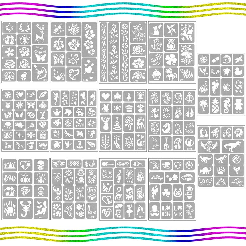 Yazhiji 390 PCS Temporary Tattoo Stencils, Face and Body Paint Stencils Kit, Girl Boy Glitter Tattoos Stencils Pack for Kids School Show Birthdays Halloween Christmas Party Favor Supplies