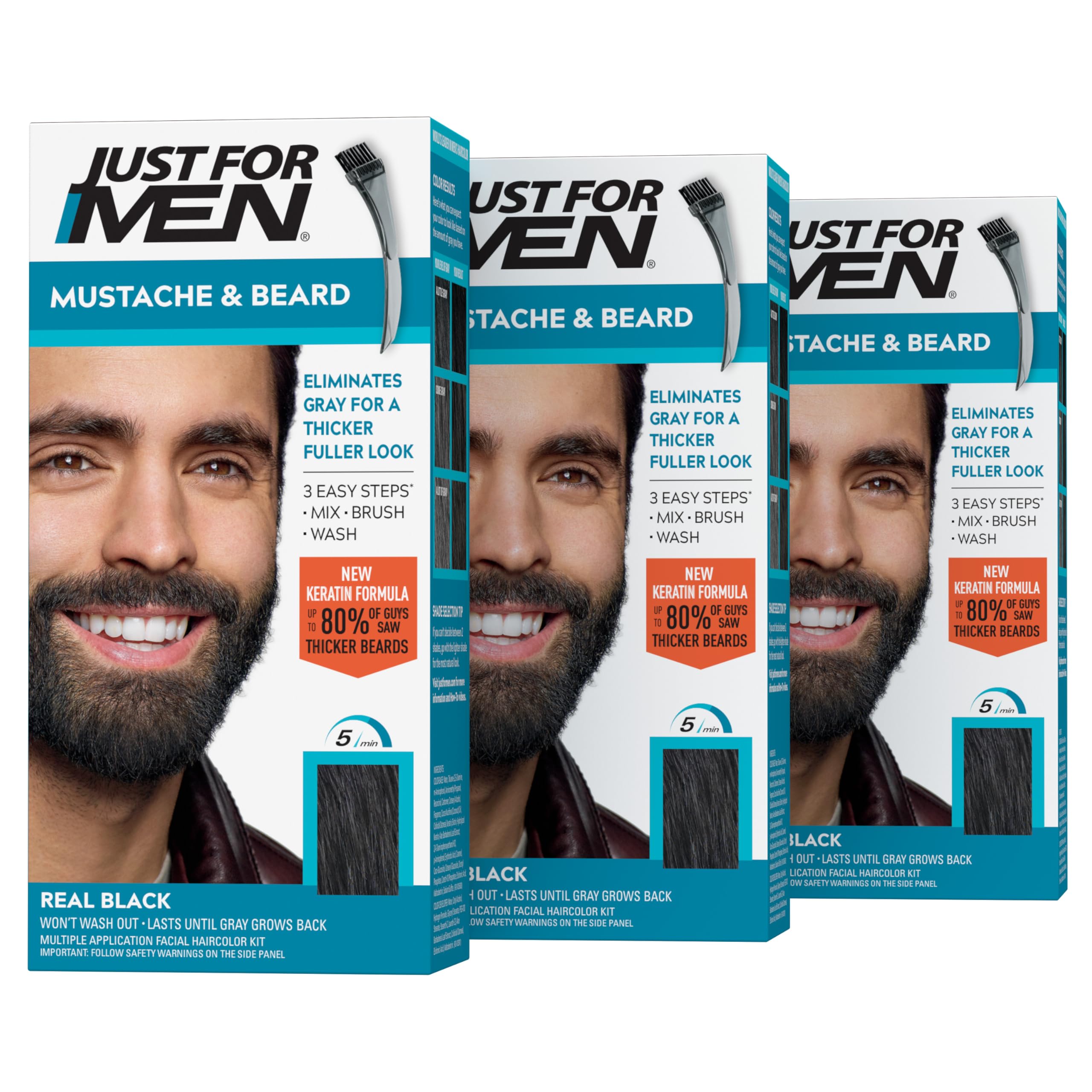 Just For Men Mustache & Beard, Beard Coloring for Gray Hair with Brush, With Keratin Biotin Aloe and Coconut Oil for Healthy Facial Hair - Real Black, M-55, Pack of 3