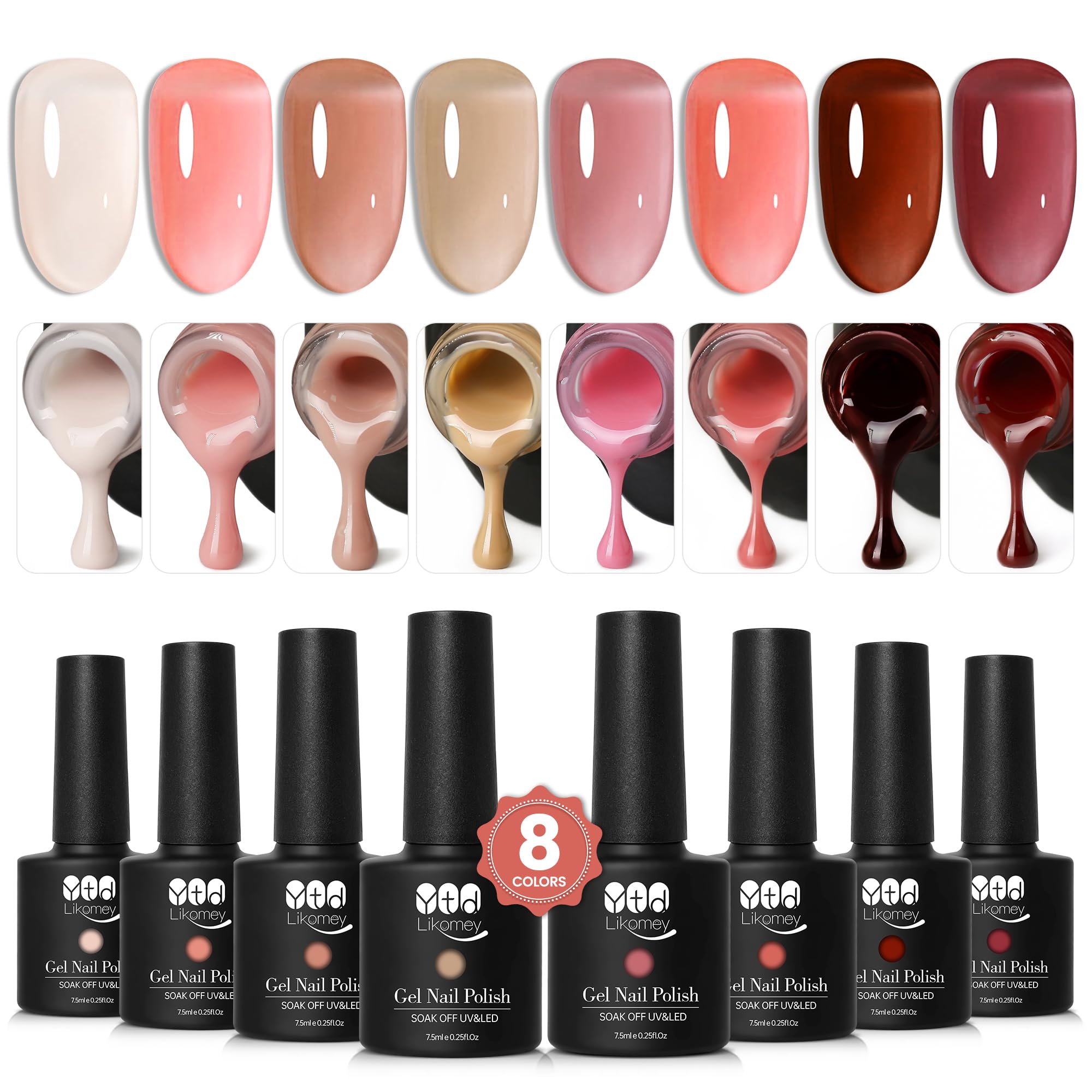 YTD Likomey Nude Gel Nail Polish Set,Fall Winter 8 Colors Translucent Neutral Jelly Sheer Rose Pink Brown Maroon Skin Tone Dark Cherry Red Manicure UV Color Nail Color Varnish Kit,7.5 ml