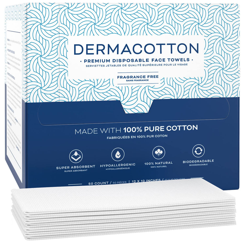 DERMACOTTON X-Large Cotton Disposable Face Towels – 100 Count Extra Large Disposable Wash Cloths for Face Washing, Makeup Removal & Acne Care | Ultra Soft, Hypoallergenic & Fragrance-Free