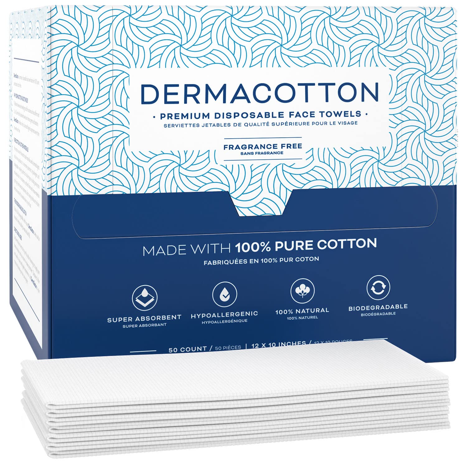 DERMACOTTON X-Large Cotton Disposable Face Towels – 100 Count Extra Large Disposable Wash Cloths for Face Washing, Makeup Removal & Acne Care | Ultra Soft, Hypoallergenic & Fragrance-Free